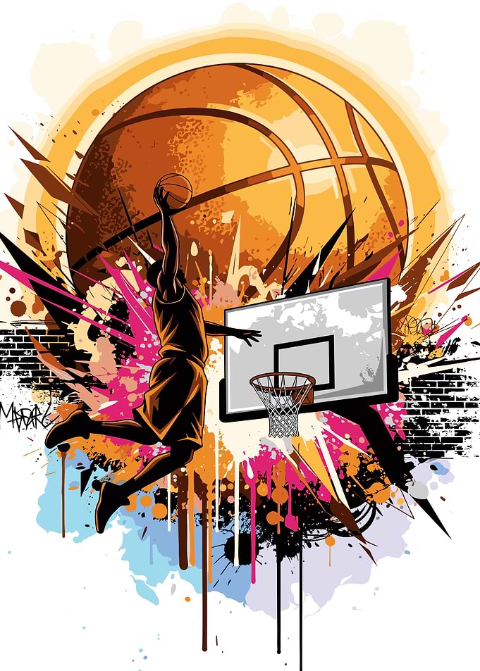 Basketball Player Dunking with Abstract Background