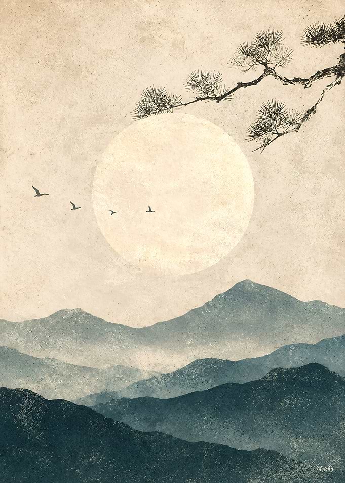 Zen Horizon Moonlit Pines No. 02 – Japanese Minimalist Landscape Wall Art