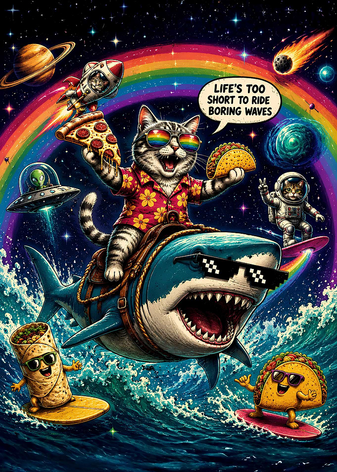 Cat Riding Shark in Space