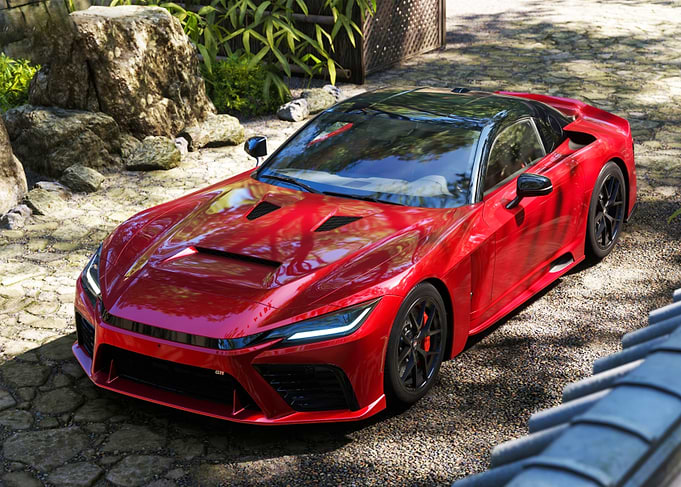 Red Sports Car in Japanese Garden