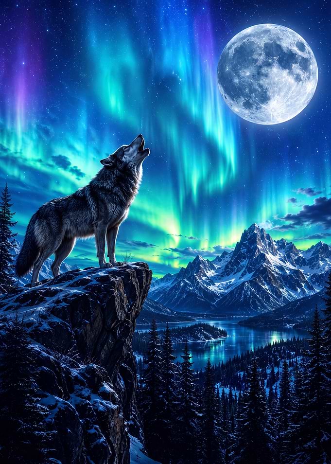 Wolf Howling at Aurora Borealis