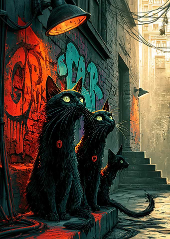 Three Black Cats in Alley
