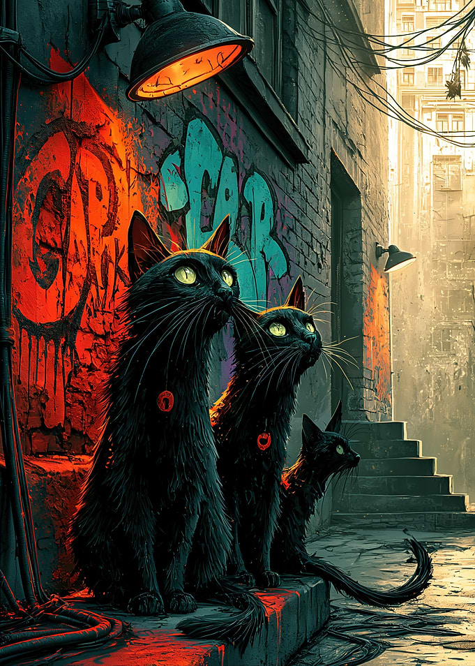Three Black Cats in Alley