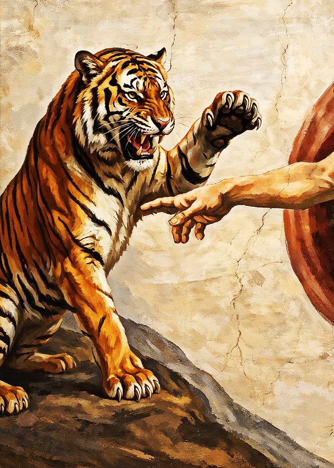 Tiger and Hand in Creation of Adam Style