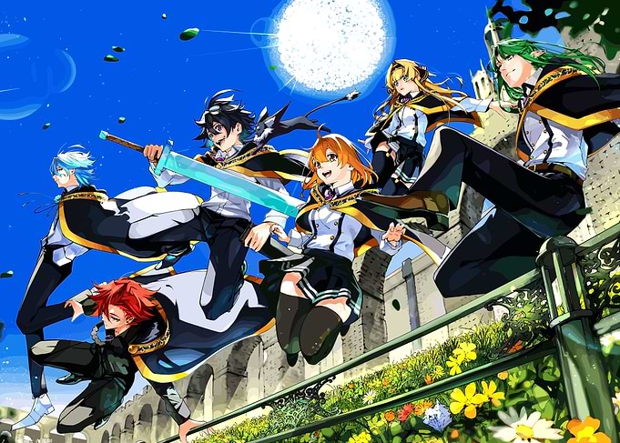 Anime characters with swords and magic