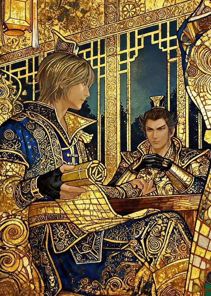 Two men in ornate golden armor