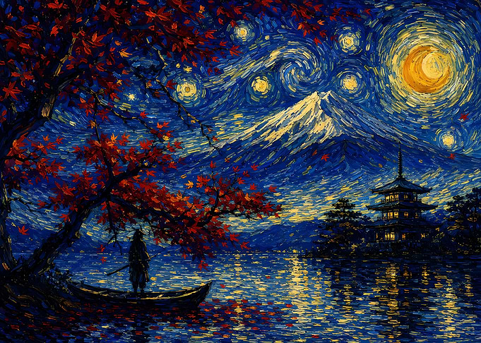 Samurai in a boat under a starry sky