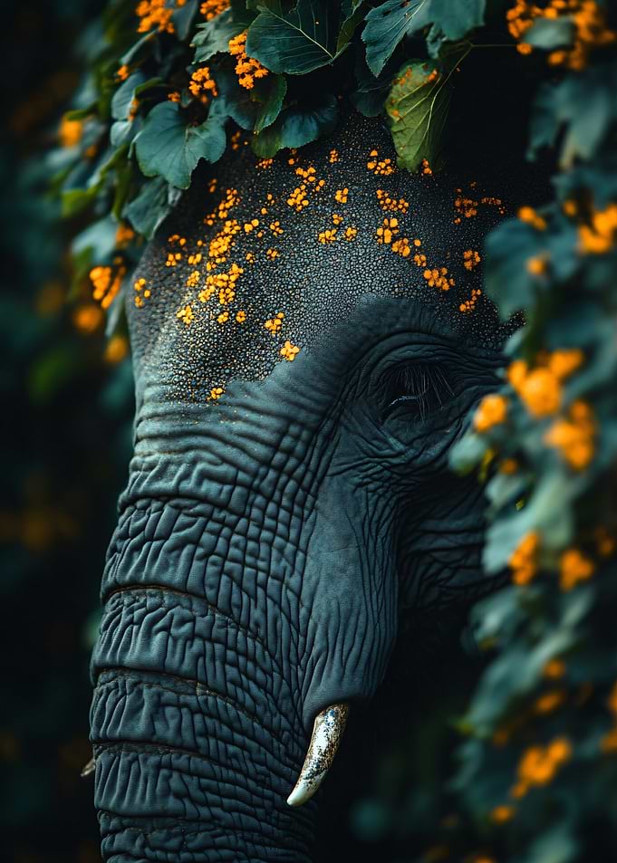 Elephant Head Adorned with Flowers