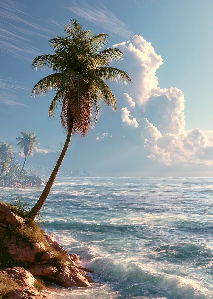 Tropical Beach with Palm Tree and Ocean Waves