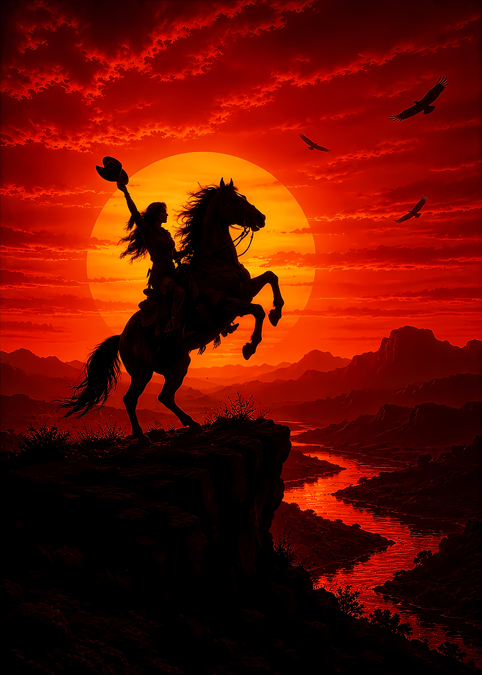 Cowboy on Horse at Sunset