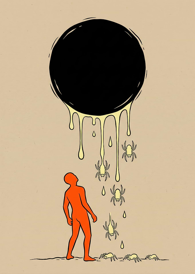 Man watches spiders fall from black orb
