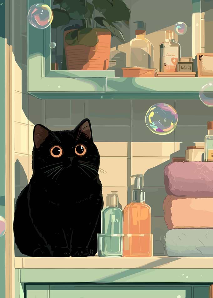 Black Cat with Bubbles in Bathroom