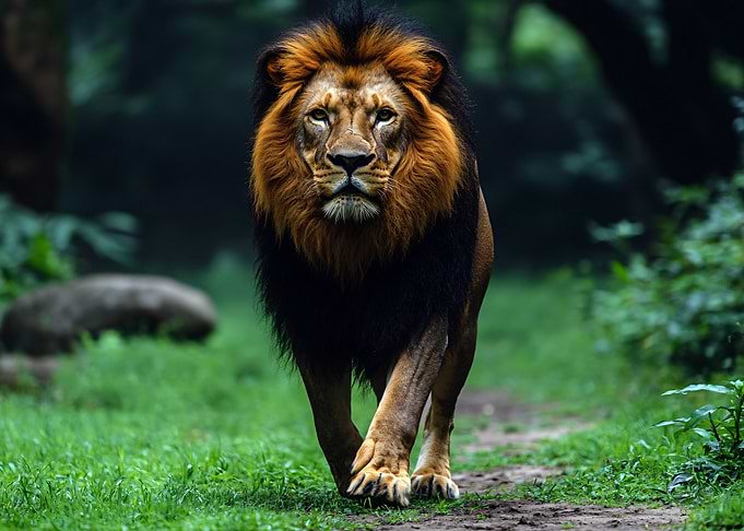 Majestic Lion Walking in Forest