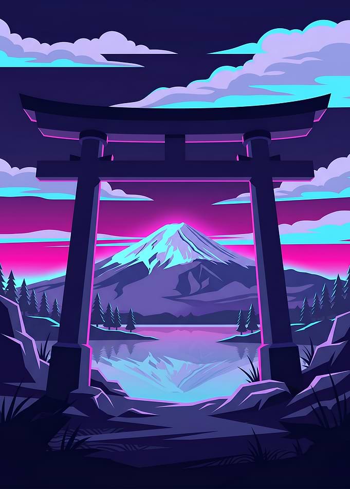Neon Torii Gate and Mount Fuji Poster