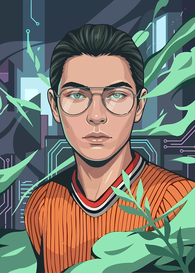 Young man with glasses in futuristic city