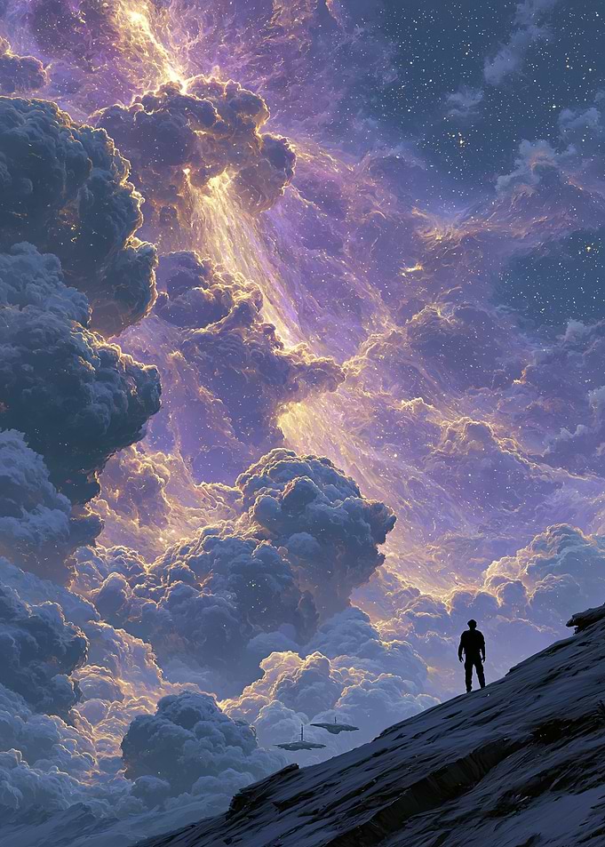 Man gazes at cosmic clouds and spacecraft