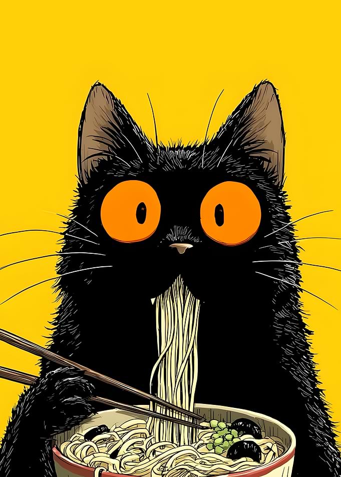 Black Cat Eating Noodles