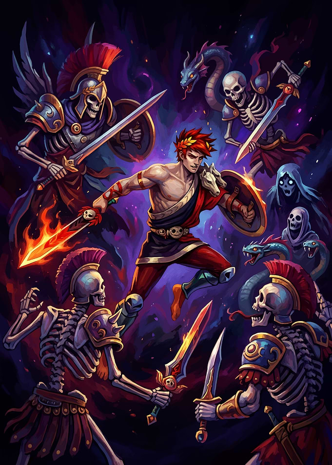 Zagreus fighting skeletons and monsters
