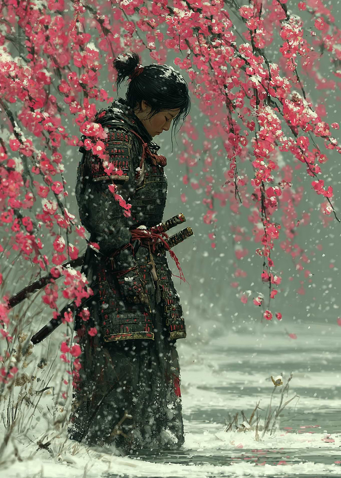 Samurai Warrior in Snowy Cherry Blossoms