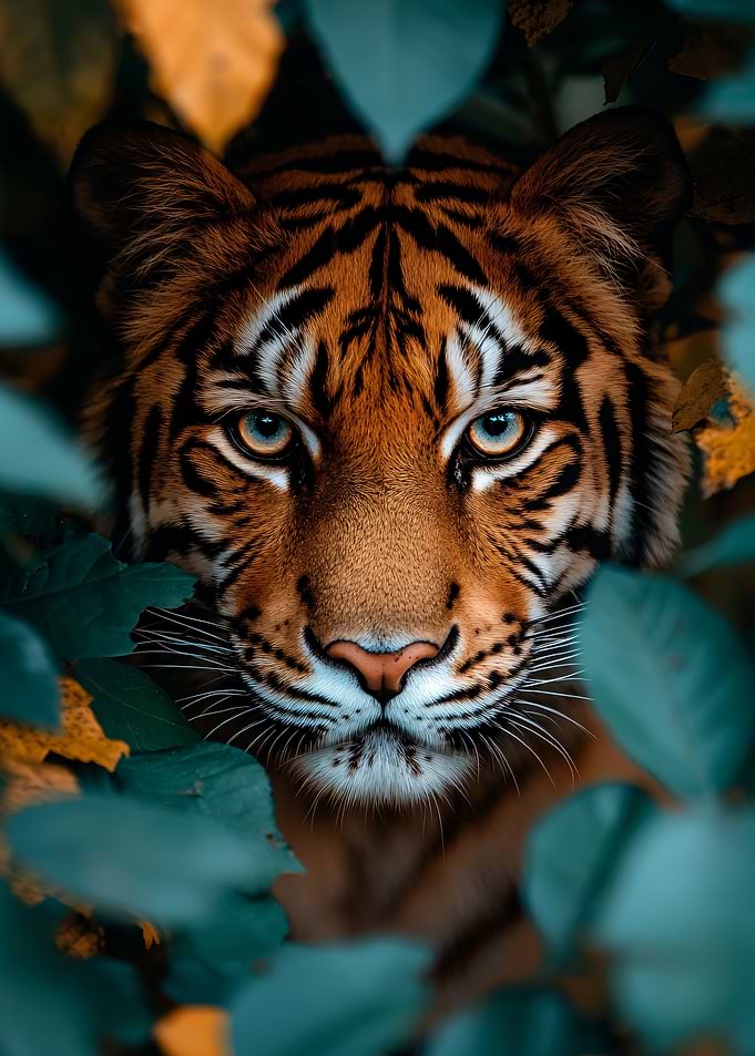 Tiger Peeking Through Leaves