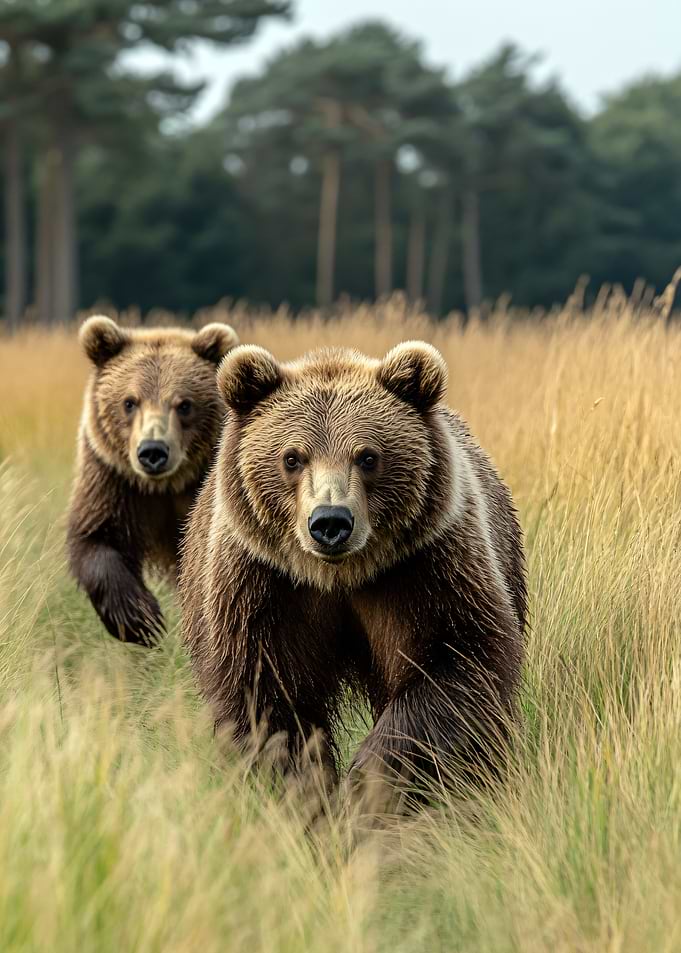 Two Bears Running Through Tall Grass