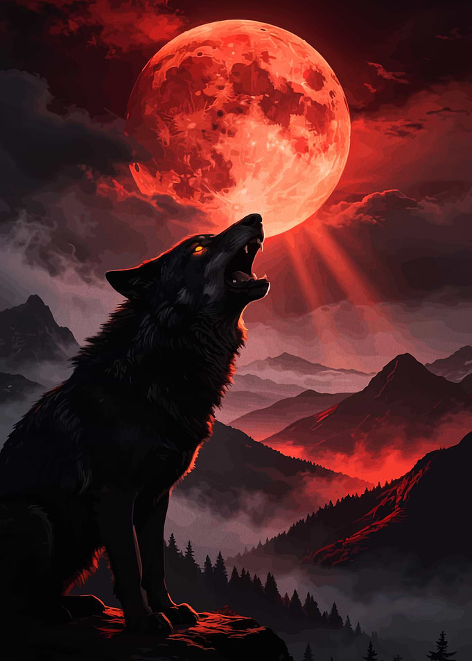 Wolf howling at a blood moon