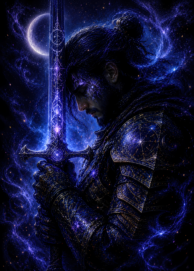 Cosmic Knight with Glowing Sword