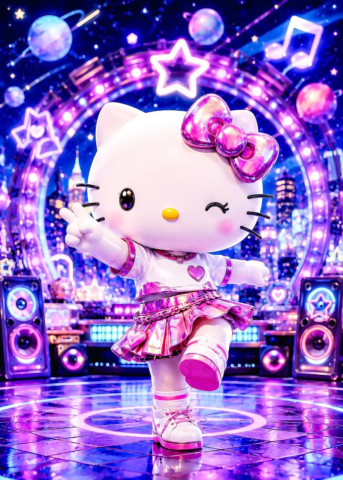 Hello Kitty Dancing on a Neon Stage