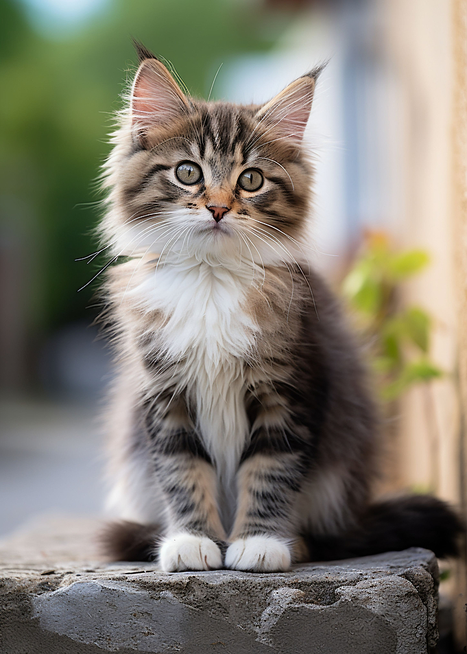 Fluffy Maine Coon Kitten Sitting Outdoors