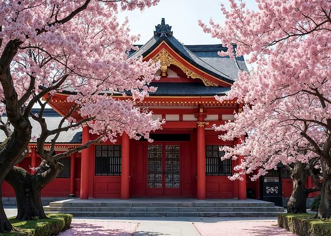 Japanese Temple with Cherry Blossoms