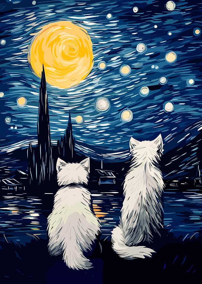 Two Dogs Admire Starry Night