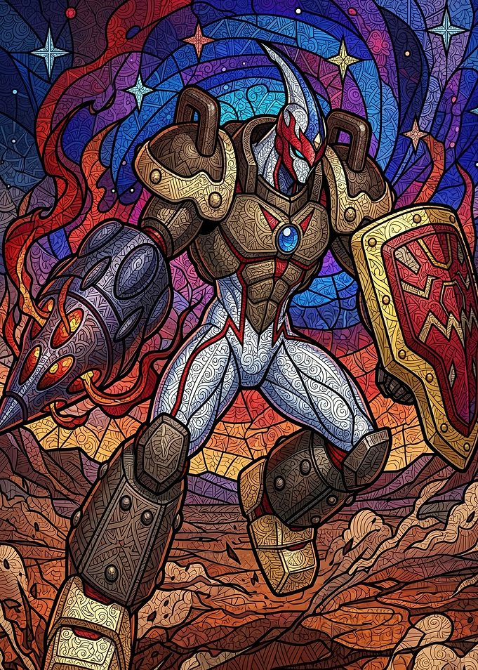 Stained Glass Warrior with Shield and Weapon