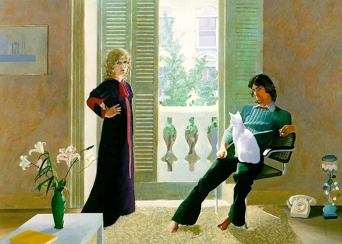Couple with Cat in Sunlit Room by: David Hockney