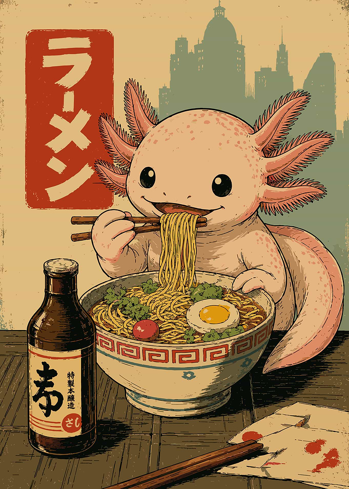 Axolotl Ramen Master – Cute Vintage Japanese Food Poster