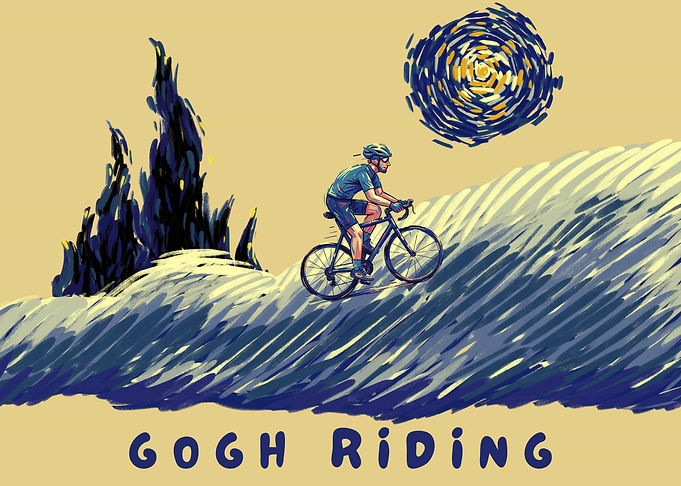 Cyclist in Van Gogh Style Landscape