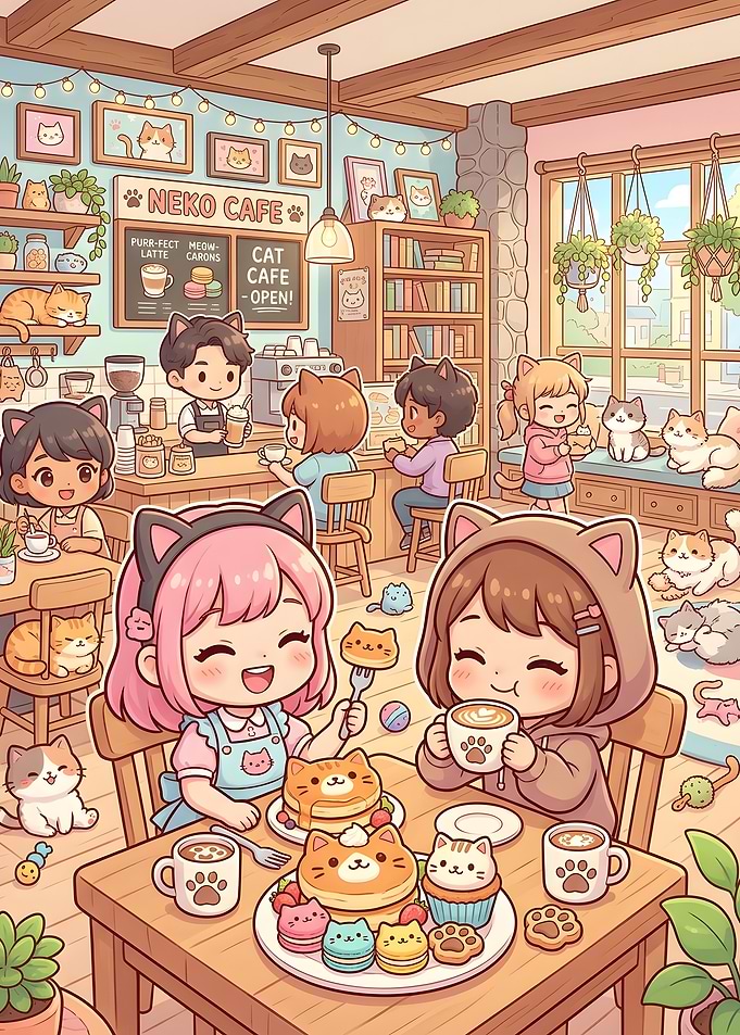 Cute Cat Cafe Scene