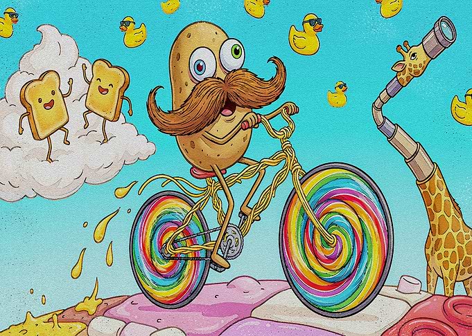 Potato Riding a Rainbow Bicycle