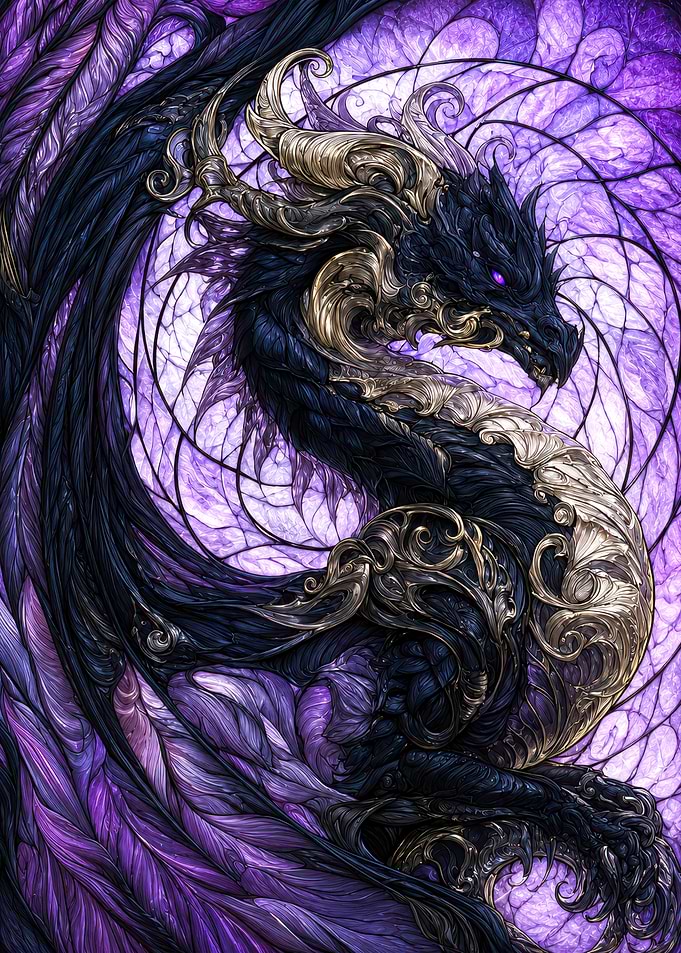 Ornate Dragon with Purple Stained Glass Background