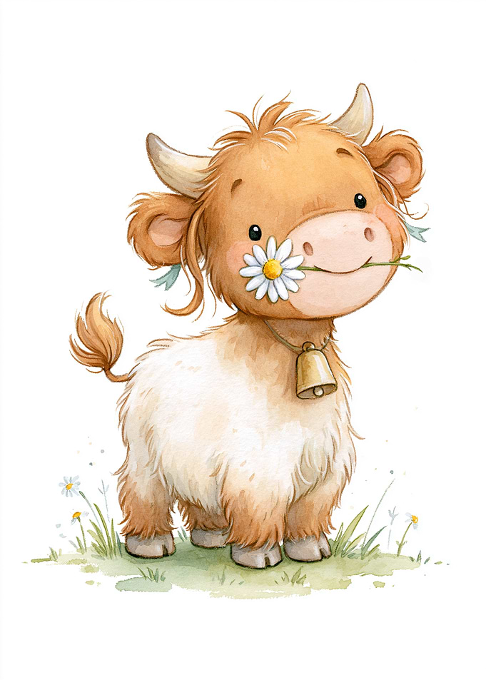 Baby Highland Cow with Daisy Flower