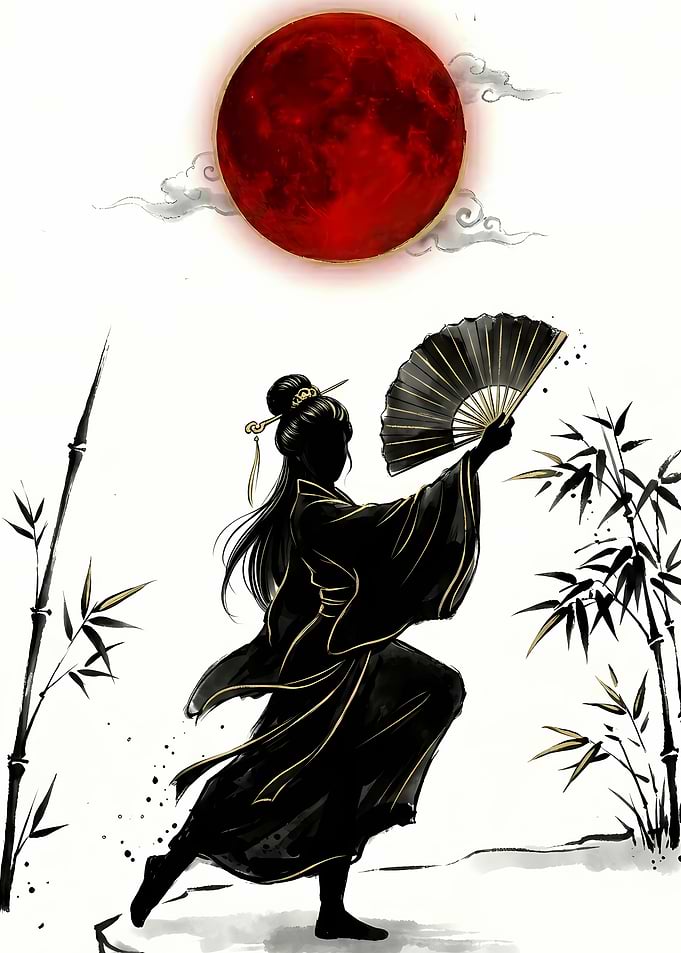 Geisha with Fan Under Red Moon