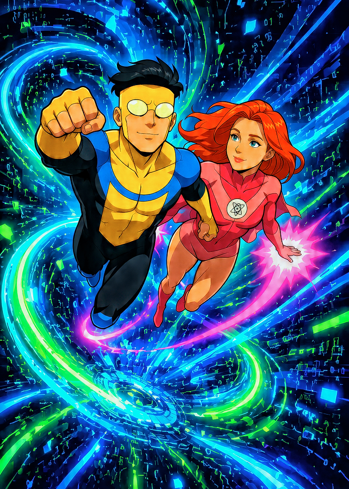 Invincible and Atom Eve Flying