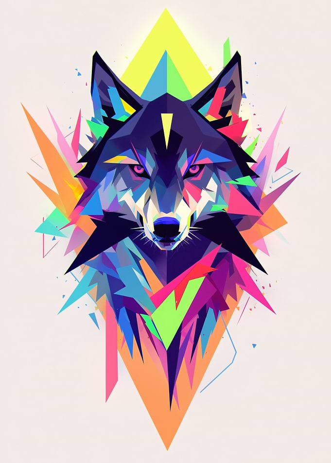 Geometric Wolf Head with Colorful Explosions