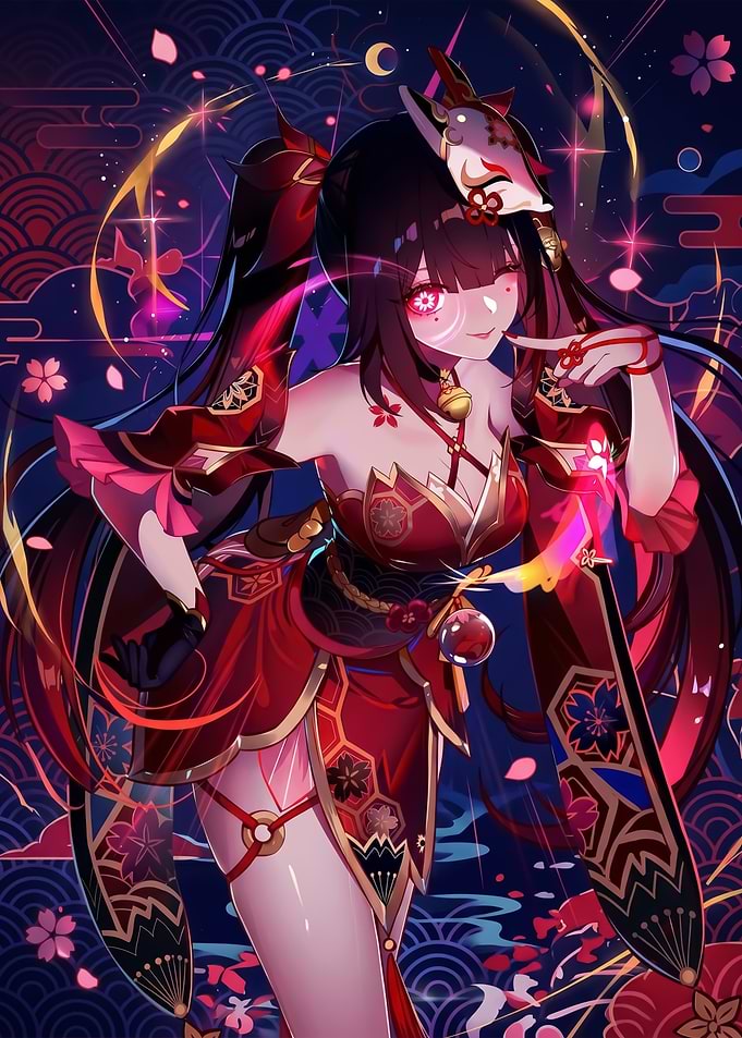 Anime Girl in Red Kimono with Mask