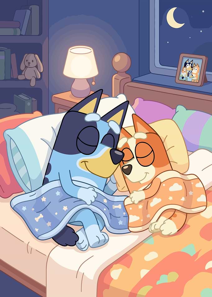 Bluey and Bingo Sleeping in Bed