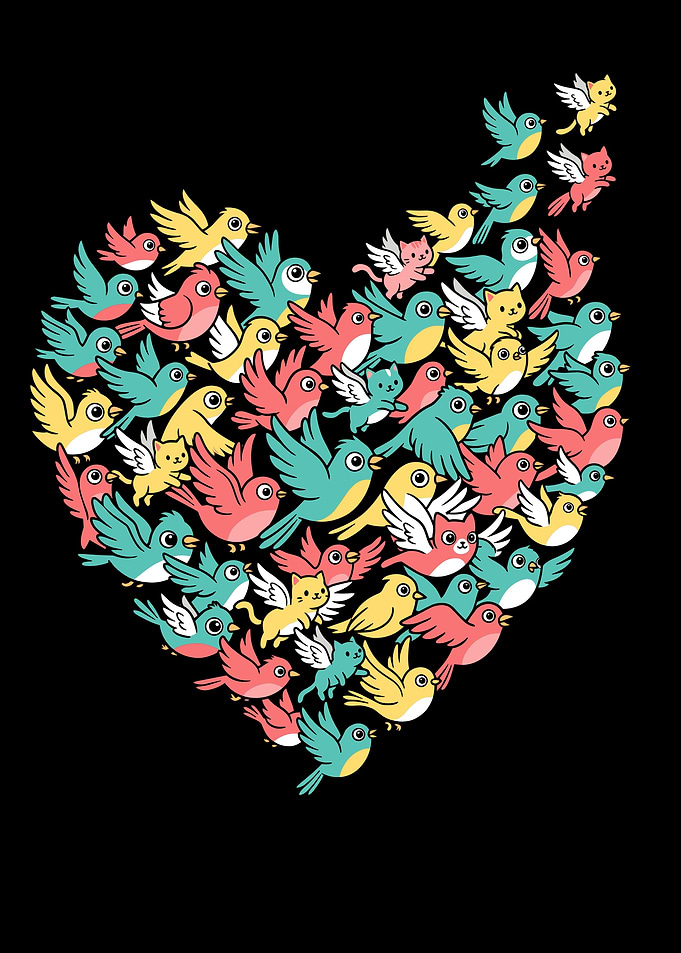 Heart of Cute Birds and Cats