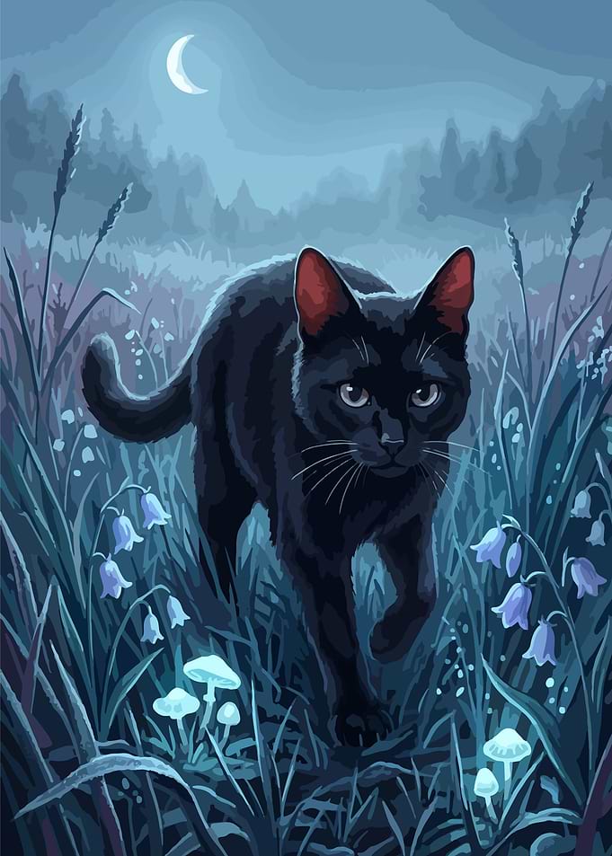 Black Cat in Moonlit Meadow