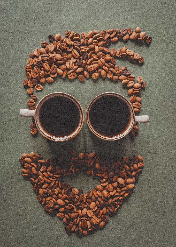 Coffee Bean Face with Coffee Cups