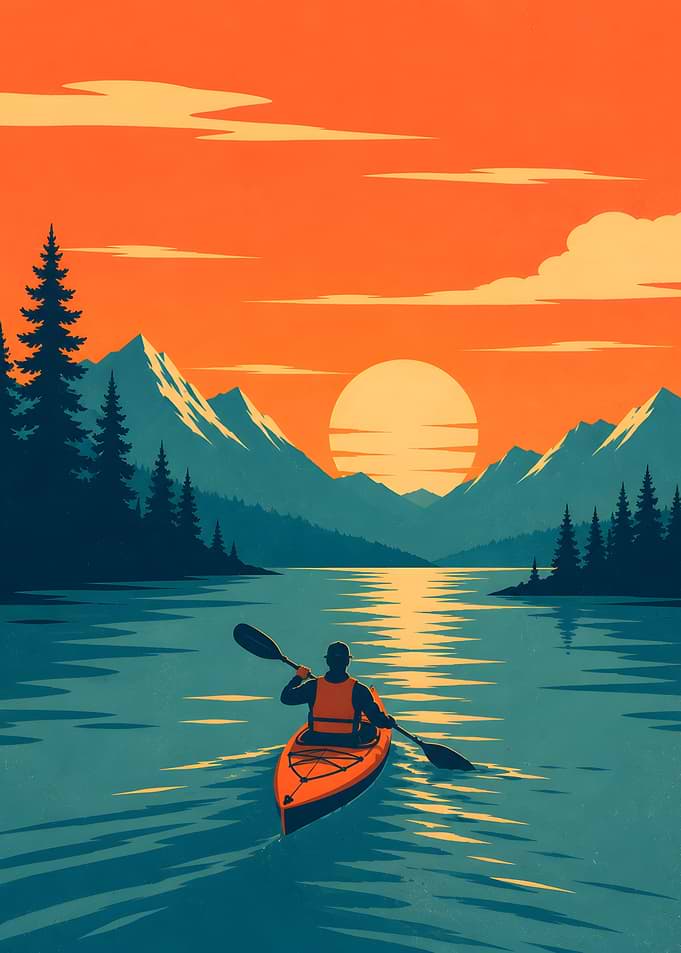 Kayaker at Sunset, Nature Kayak In Nature