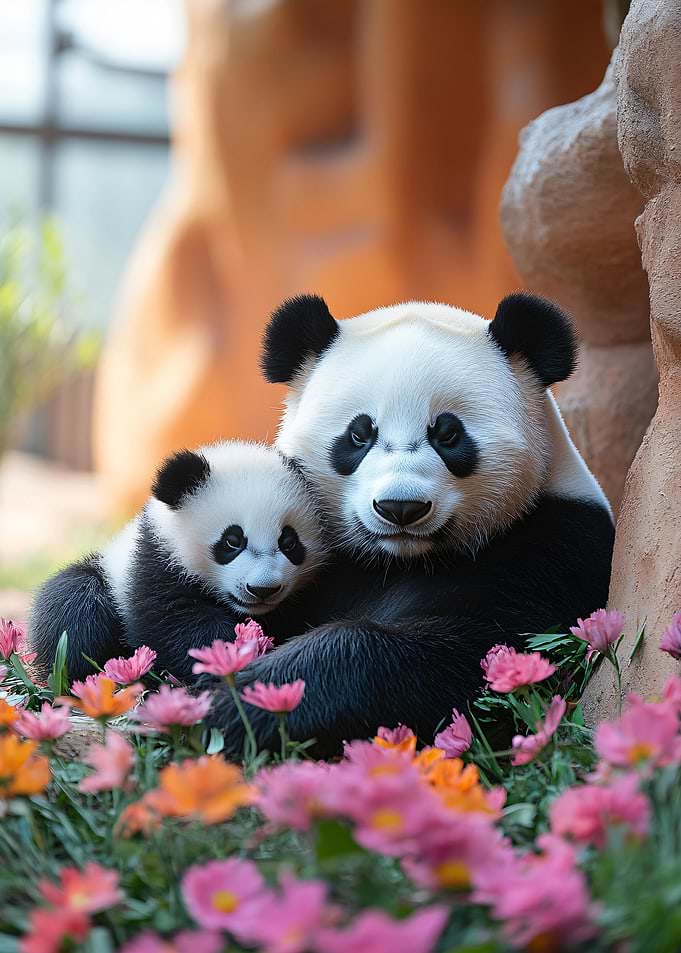 Mother and baby panda in flowers