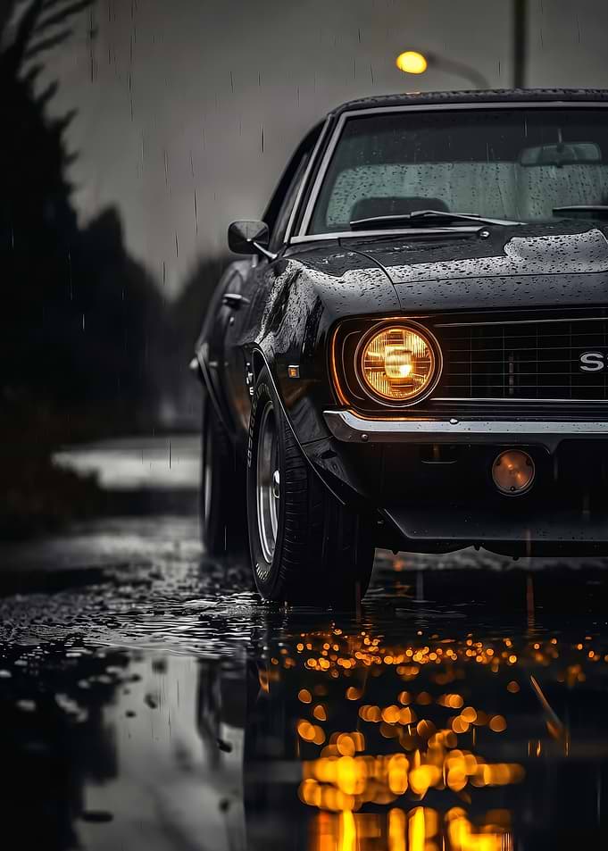 close up Classic Camaro SS 69 in the Rain